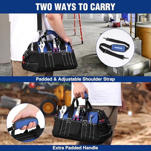 WORKPRO 16-inch Wide Mouth Tool Bag with Water-Proof Molded Base | Multi-Pocket, Heavy Duty Cloth, Adjustable Shoulder Strap, Double-pull Zipper, Suitable for Workshops, Outdoor Projects