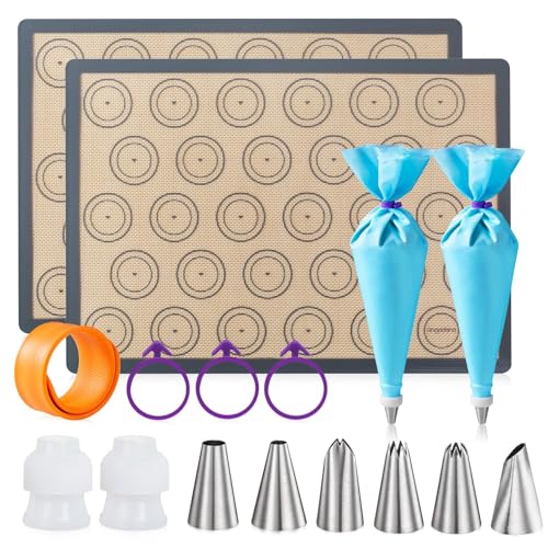 Angadona Macaron Silicone Baking Mats Kit (16pcs set) Macaroon Baking Mat Set of 2 Half Sheet Macaron Silicone Mat Nonstick Macaron Mat Sheet,6 Piping Tip,2 Piping Bag with 3 Bag Tie,2 coupler