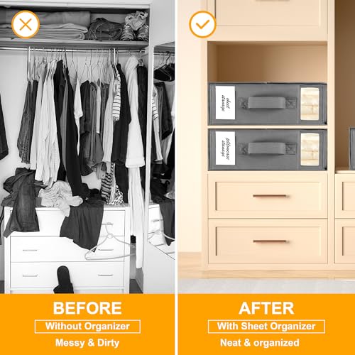 2-Pack Bed Sheet Organizers and Storage, Oxford Grey | Foldable Sheet Organizer for Linen Closet with Window and Label, Closet Organizer Box for Bedding Sheets, Duvet Covers