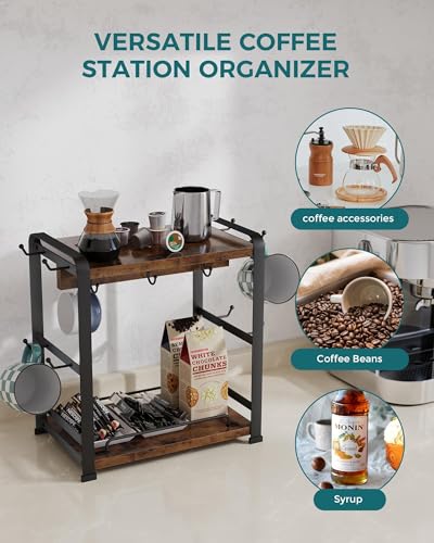 OROPY Coffee Mug Holder Countertop, Mug Rack 2 Tier Shelf & 14 Mug Hooks | Wooden Coffee Bar Station Organizer, Multi-functional Coffee Bar Accessories for Kitchen, Vintage Brown