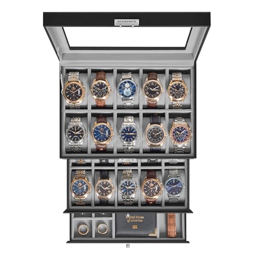 SONGMICS Watch Box, 20-Slot Watch Case Organizer, Black | Large Glass Lid, Removable Pillows, Metal Lock, Gift for Loved Ones, Grey Lining UJWB036B101