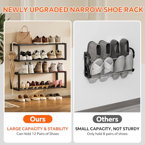 Homeiju Hanging Shoe Organizer,2 Pack Wall Mounted Shoe Rack Holds 12 Pairs,Space Saving Metal Wall Shoe Rack,Hanging Shoe Rack Shoe Holder for Small Space,Entryway,Closet,RV,Camper(Black