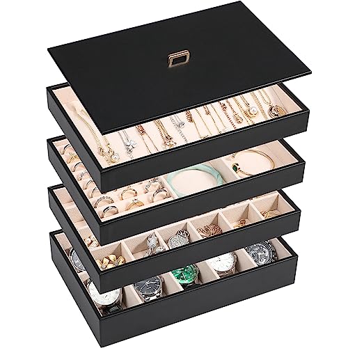 Stackable Jewelry Organizer Tray with Lid, PU Leat... (Black)