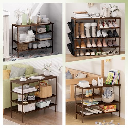Bamboo Shoe Rack, 4 Tiers Shoe Organizer for Closet, Shoes Storage for 20-24 Pairs, Freestanding Shoe Shelf with Removable Pocket for Entryway Bedroom Front Door Dorm, Walnut Brown