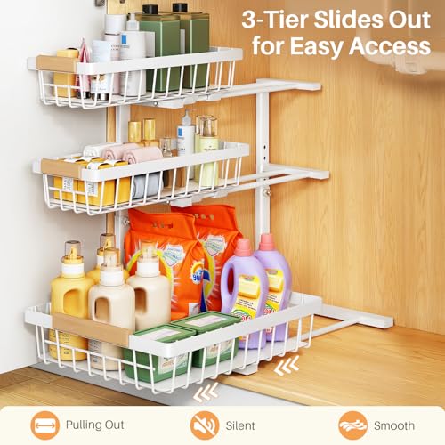 PXRACK Under Sink Organizer, 2-Pack 3-Tier Height Adjustable Thickened Metal Pull out Cabinet Organizer Shelf, Slide out Storage Drawer Rack for Bathroom Kitchen Pantry Home Organization, White
