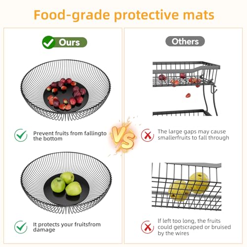Simple Trending Round Metal Fruit Basket Bowl for Kitchen Counter - Rust-Proof, Non-Slip & Breathable Wire Organizer for Fruits, Veggies, Snacks, Black (11“ Diameter x 3.2” H)