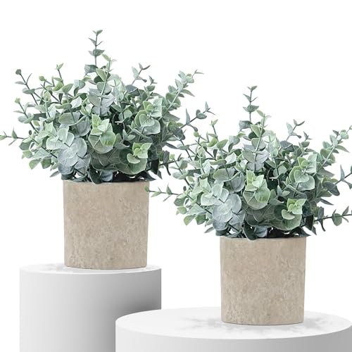 2 Pack Small Fake Eucalyptus Plants for Office Bathroom Decor | Sage Green Frosted Artificial Plant Safe for pet and Child | No Watering Farmhouse Decor for Shelf Desk Bedroom Coffee Table