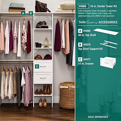 ClosetMaid SuiteSymphony Wood Closet Drawer, Add On Accessory, Shaker Style, For Storage, Closet, Clothes, 16.65” x 9.96” Size for 16 in. Units, Pure White