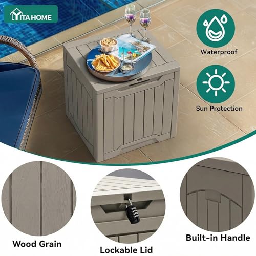 YITAHOME 31 Gallon Outdoor Storage Box | Resin Deck Box and Waterproof Package Delivery Box for Gardening Tools, Pool Supplies, Patio Furniture, Lockable, Taupe