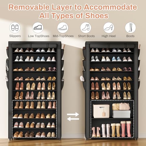 VTRIN Tall Shoe Rack with Cover, 10 Tier Shoe Organizer Storage for 50-55 Pairs Shoes and Boots Large Capacity Shoe Shelf with 8 Pockets Free Standing Shoe Rack for Closet, Entryway, Garage