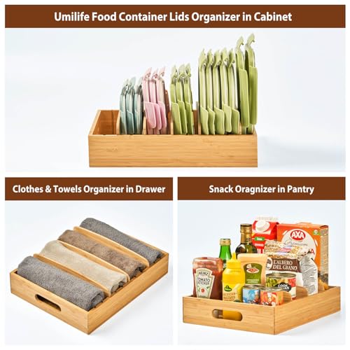 Large Bamboo Food Container Lid Organizer for Kitchen Cabinet | Adjustable slots - Premium bamboo, pretty color - Sturdy versatile caddy for snack, spice in drawer - Anti-Skid Silicone Pads