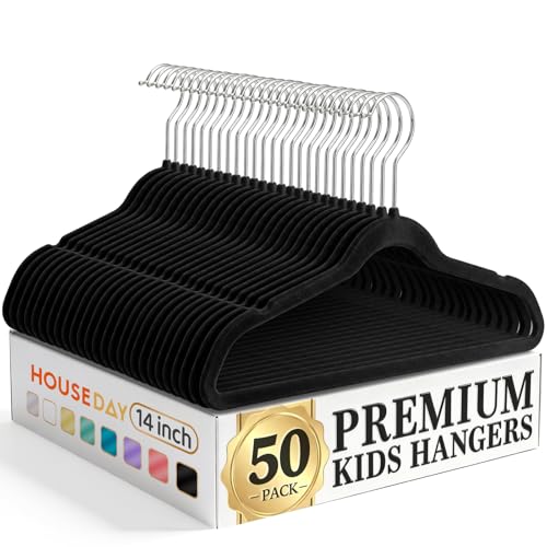 HOUSE DAY 14 Inch Kids Velvet Hangers 50 Pack, Durable Big Kid Hanger Black | Children Hangers for Youth, Teen, Non Slip Kids Felt Hanger, Cute Small Hanger for Closet, Ideal for Everyday Use
