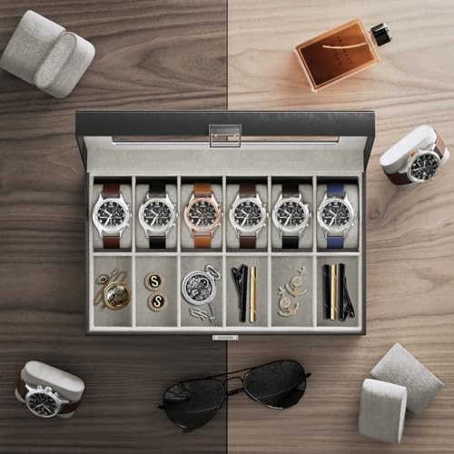 ProCase Watch Box Organizer, 12 Slot Watch Display Case, Black | Watches Storage Boxes Holder for Men Women, Large Glass Lid, Removable Pillows, Anniversary Christmas Birthday Gifts