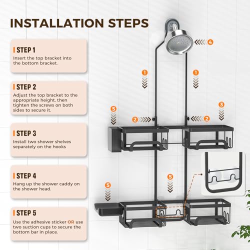 Split Shower Caddy Hanging for Handheld Showerheads, Black | Adjustable Shower Organizer, Rustproof, 16 Hooks, Soap Holder, 40lbs Capacity, Anti-Slip, Tool-Free, Bathroom Accessories