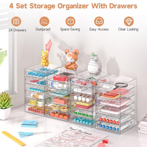 DOMNIU Acrylic Makeup Drawer Storage Organizer with 24 Drawers, 4 Set | Office Desk Organization and Storage, Dustproof Drawer Organizer for Makeup, Countertop, Jewelry, Desktop, Bathroom, Bedroom