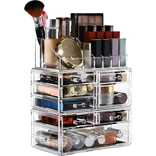 Cq acrylic 3 Pack Clear Makeup Organizer Countertop,Stackable 8 Drawers Skincare Organizer,Cute Skin Care Organizer for Vanity Hair Clip,Jewelry,Beauty Product Desk and Make Up Organizers for Vanity