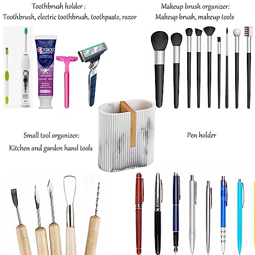 Toothbrush Holders for Bathroom, Bamboo Toothbrush Stand, Marble White | Electric Toothbrush and Toothpaste Organizer for Bathroom Sink Countertop Storage, Modern Brushing Accessories