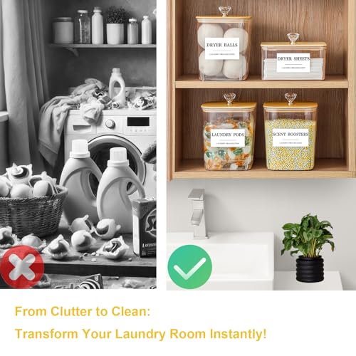 4 Pack Clear Laundry Pods Container & Dryer Sheet Holder Set with Lid, Laundry Containers with Scoops & Labels, Laundry Room Organization and Storage for Laundry Detergent, Pods, Powder, Beads