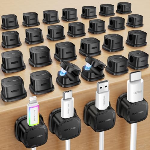 Rocoren 30-Pack Magnetic Adjustable Cable Clips Cord Organizer | Smooth Cable Straps & Wire Holder Keeper, Cable Management Accessories for Desktop, Nightstand, Home Office & Phone