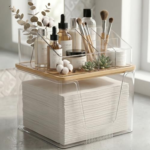 Disposable Facial Towels Holder, 2 in 1 Facial Towels Storage Box | Clear Acrylic Box with Bamboo Lid Stackable Vanity Organizer Cosmetics Organizer Compatible with Clean Skin Club Towel XL