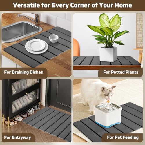 Large Foldable Stone Bath Mat, 2 Pcs Super Absorbent Diatomaceous Earth Mat with Non-Slip Base, Quick Drying Floor Mat for Bathroom Kitchen Counter (28" x 16", Grey)