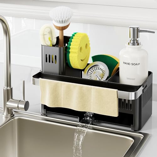 Nieifi Sponge Holder, Black Rustproof ABS Sink Caddy with Towel Rack | Smiley Sponge and Brush Holders with Drainage to Keep Items Dry. 10"L x 4.5"D. Kitchen Counter Organizer & Essential Storage.