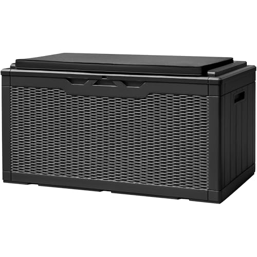 100 Gallon Deck Box Waterproof Outdoor Storage Box... (Black | Resin)