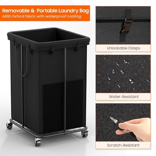 Laundry Hamper with Wheels, 150L Rolling Laundry Basket with Bag & Handles | Sturdy Metal Frame | Removable Bag | Large & Tall Dirty Clothes Hampers for Laundry Room, Bedroom, Dorm, Bathroom-Black