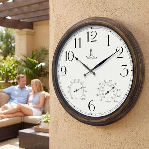 Large Outdoor Clocks for Patio Waterproof with Thermometer Combo, 18 Inch | Weatherproof Bronze Indoor Outdoor Wall Clock, Temperature and Humidity, Accurate, Easy to Read for Pool, Garden, Home Decor