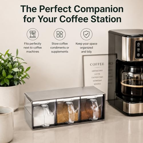 3 Grids Seasoning Organizer Box, Stainless Steel Salt Container with Lid and Spoon, Seasoning Containers with Stainless Steel Rack for Home, Kitchen, Cafe, Storing Salt, Sugar, Pepper, Spice