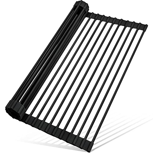 Roll Up Dish Drying Rack Silicone Wrapped Over The Sink Dish Drying Rack Multipurpose Foldable Sink Drying Mat Anti-Slip & Anti-Rust Dish Rack for Kitchen, 17.5" x 13", Black