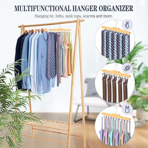 2PC Tie Rack Hanger for Closet, Upgraded Tie Holder Organizer for Men, Wood | Non Slip Neck Tie Organizer with 20 Foldable Hooks, Belt Hanger Space Saving, Fits for Tank Tops Bras Cami Scarves