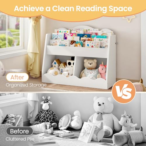 Kids Bookshelf and Toy Storage, Children's Bookcase with 2 Toy Cubes, Toddler Book Shelf for Kids Room, Wooden Book Organizer, for Playroom, Nursery, Living Room, White MCW15WB