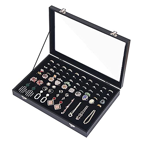 Ring Holder Organizer Box, Jewelry Display Case, Earring Necklace Storage Tray With Top Glass Lid (Black, 100 Slots)