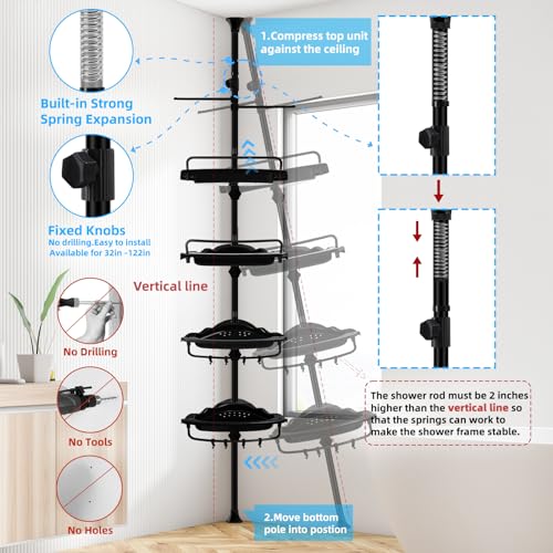 32-122inch Corner Shower Caddy Tension Pole Black, Rustproof Drill-Free Shower Shelves for Bathroom Bathtub Washbasin, Adjustable Shower Organizer with 4 Tier Patent Stable Shelves & Towel Bars