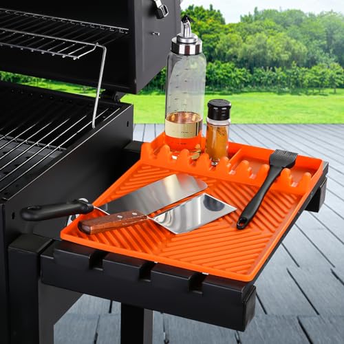 Silicone Tools Mat for Griddle & Kitchen Countertop | Orange Side Shelf Spatula Mat with Drip Pad for Blackstone Weber Traeger Pit Boss Flat Top Grill Smoker, BBQ Gifts for Men