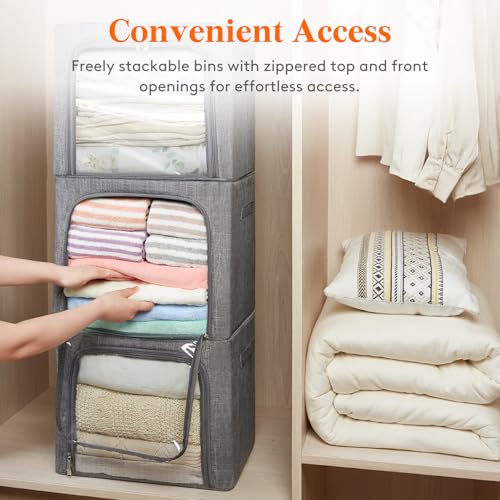 Lifewit Clothes Storage Bins with Metal Frame, Stackable Storage Box, Foldable Clothing Storage Bins with Lids, 40L Storage Bags Fabric Box Organizer with Clear Window& Zippers& Sturdy Handles 4 Pack