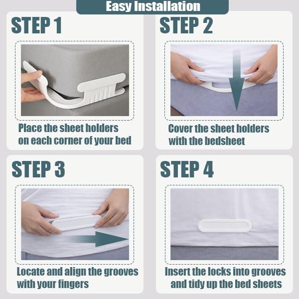 Bed Sheet Holders, Corner Fasteners, 8 Count, White | Easy-install corner fasteners help secure fitted sheets on most mattresses; includes 8 white holders.