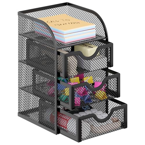 Mesh Desk Organizer with 3 Drawer Office Desktop O... (Black | Metal)