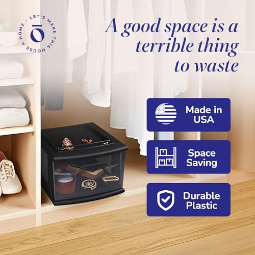 HOMZ 1 Drawer Storage Cart, Medium Plastic Container, Black Frame, 2 Pack | 14.25" Wide Medium Tote with 1 Smoke Tint Drawer for Organizing Bathrooms, Bedrooms, Home Offices, Closets, and Dorm Rooms