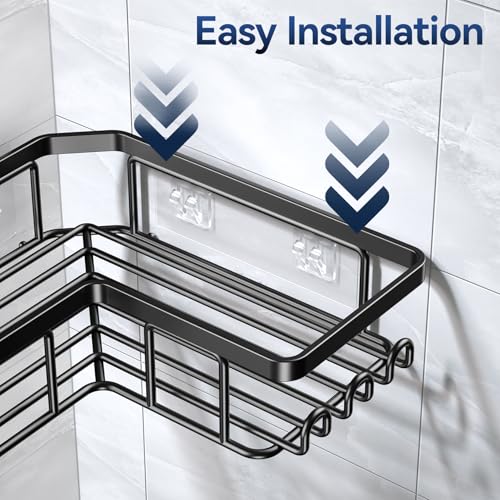 Corner Adhesive Shower Caddy, with Soap Holder and 12 Hooks, Rustproof Stainless Steel Bathroom Organizer, No Drilling Wall Mounted Rack, Black, 3-Pack