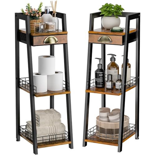 keomaisyto 3-Tier Narrow Bathroom Shelves with Drawer, Bathroom Organizers and Storage, Open Floor Ladder Shelf, Freestanding Tower Slim Standing Unit for Small Spaces - Rustic Brown