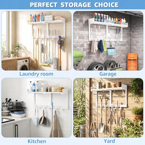 HUFAND Broom Holder Wall Mount, 27" Mop and Broom Organizer with Top Shelf | 5 Grippers,5 Movable S-Hooks,Breathable Grid Shelf,Rust-Resistant Coating,Hardware Included,for Kitchen,Laundry Room