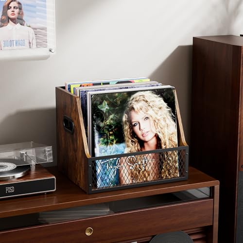Vinyl Record Storage,Wooden Crate Vinyl Holder with Dividers for Albums & Magazine Rack Organizer for 60+ Records Case Box for 7/10/12 inch