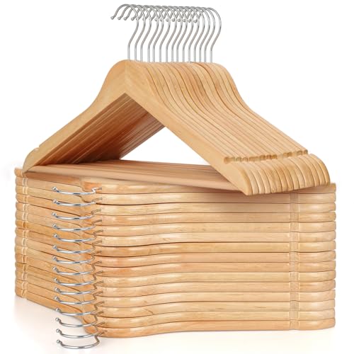 TOPIA HANGER Wooden Hangers 30 Pack, Wood Clothes Hanger Natural | Durable Coat Hanger, 360-Degree Rotatable Hook, Non-Slip Pants Bar, Shoulder Notches for Camisole Tops-CT34N30