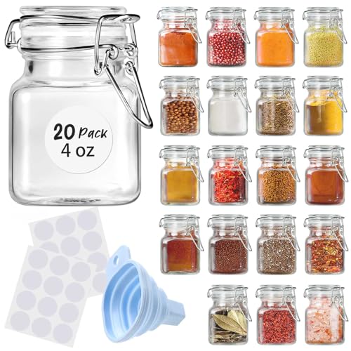 SKOCHE Spice Jars 20 Pack Small 4 oz Glass Jars Spice Jars Herb Jars | Spice Herb Jars with Airtight Hinged Lids, 4oz Glass Jars with Labels and Silicone Funnels Ideal for Spice Herbs