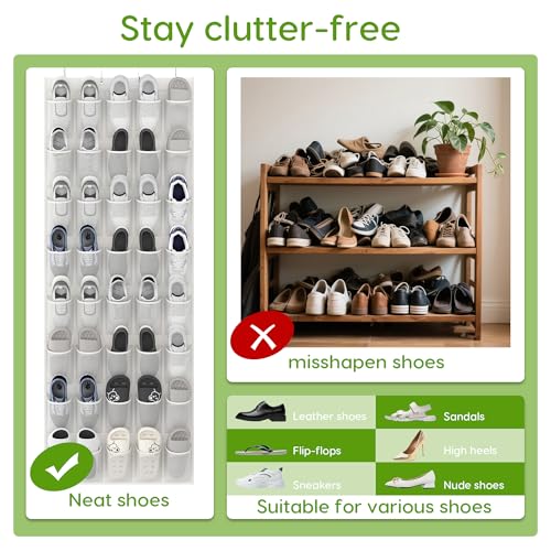 Over the Door Shoe Organizer with 40 Large Breathable Mesh Pockets, Space Saving Shoe Holder, Hanging Shoe Rack for Entryway Bedroom Closet Storage (White, 40 Pockets)