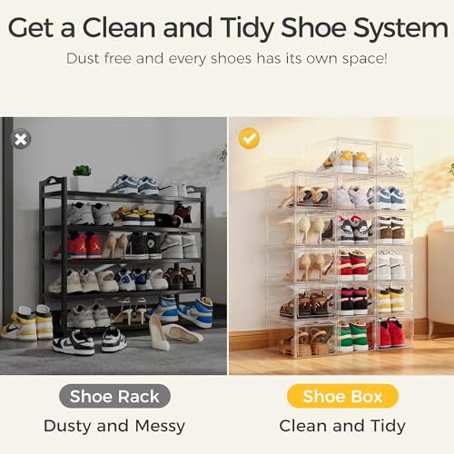 Upgraded Hard Shoe Storage Box 12 Pack XL Clear Shoe Organizer | Stackable, Thicken Sturdy, Fit Size 12, 7.4” Height, Closet, Sneaker Storage Display Case Holder Bins, Magnetic Door Clear