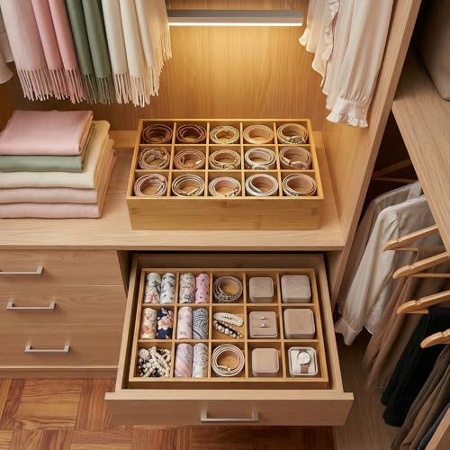 Bamboo Belt Organizer for Closet, Tie Storage Organizer Bins with Detachable Divider Drawer Organizer, Closet Organizers Storage Box for Socks, Bras, Briefs, Ties, Belts,Natural