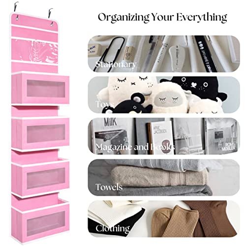 Giraffe Creation Pink Over Door Organizer with 4 Large Clear Pockets, Hanging Door Storage for Nursery, Bedroom, Bathroom, Closet, Toys, Diapers, Cosmetics, Baby Essentials